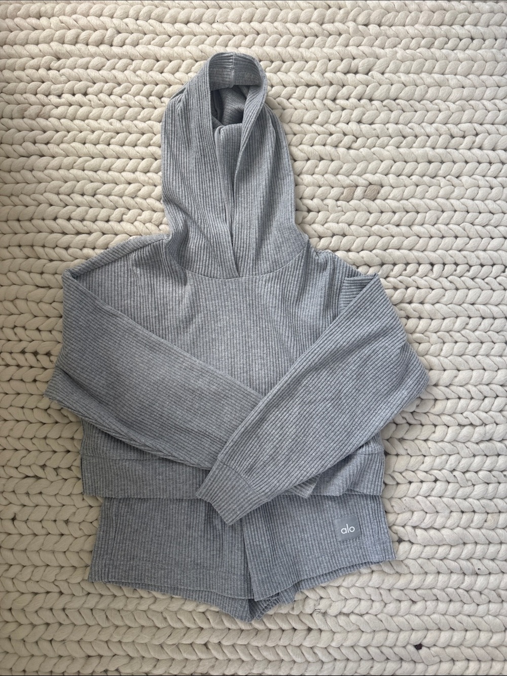 ALO Yoga Ribbed Hooded Sweatshirt and Matching Sweatshorts - Light Gray